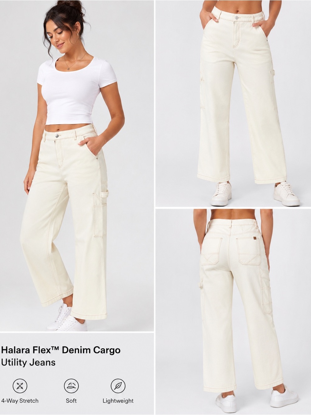 Halara Flex Denim Flex Denim Cream Cargo Utility Jeans Wide Leg XL High Rise NWT